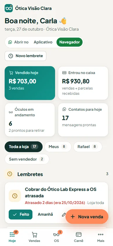 Tela Hoje do Ótica na Mão no celular, com óculos prontos e parcelas para lembrar